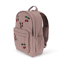Load image into Gallery viewer, Pink backpack with cherry designs on a white background