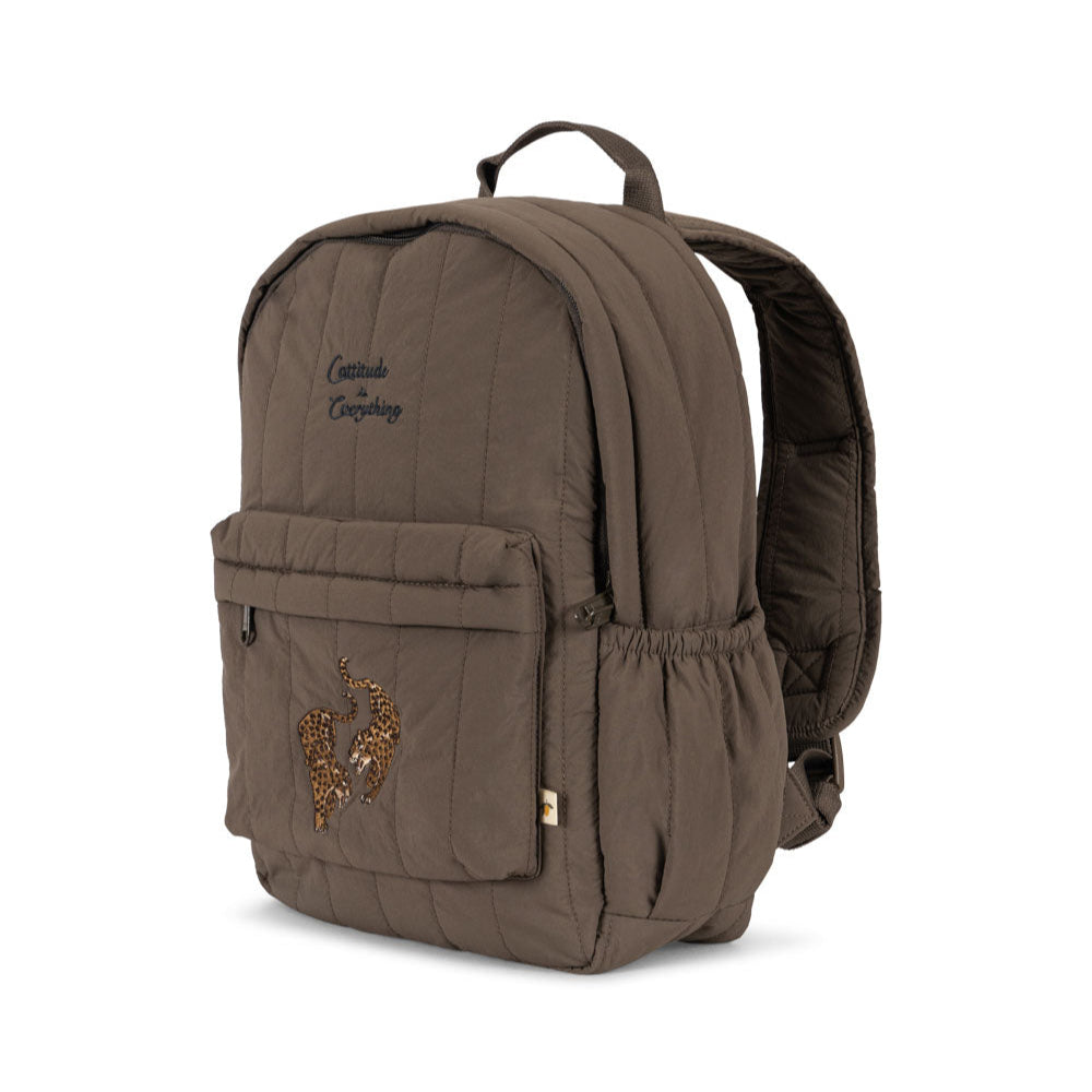 Brown backpack with embroidery on a white background