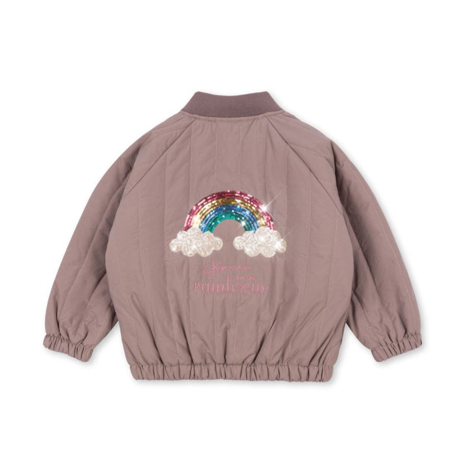 Children's jacket with rainbow and cloud design on a white background