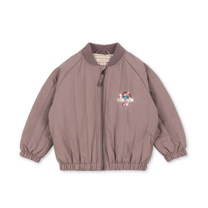 Children's brown jacket with a small embroidered design on a white background