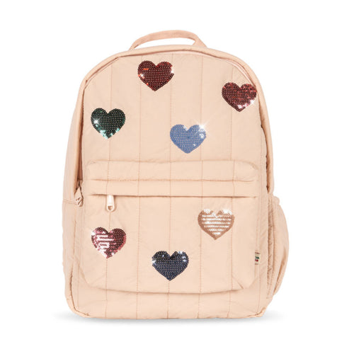 Beige backpack with heart-shaped embellishments on a white background