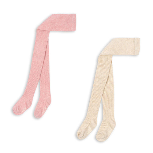 Two pairs of tights, one pink and one beige, on a white background.