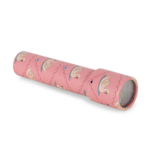Pink cylindrical toy with cloud pattern on a white background