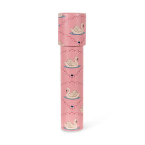 Pink cylindrical container with swan design on a white background