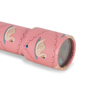 Pink cylindrical toy with bird illustrations on a white background