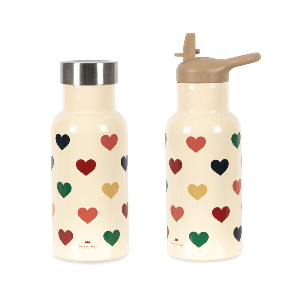 Two water bottles with heart patterns on a white background