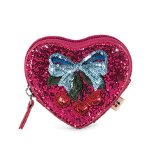Load image into Gallery viewer, Heart-shaped glittery pouch with a bow and cherry design on a white background