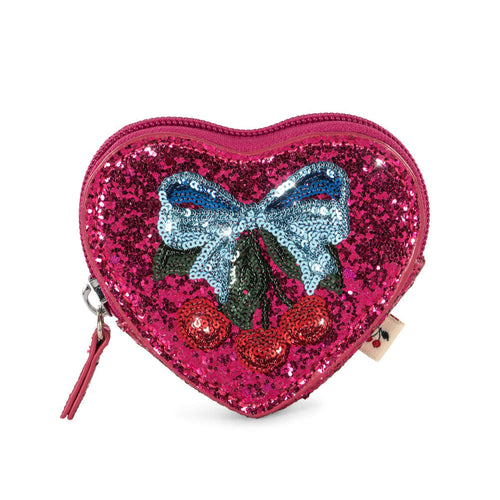 Heart-shaped glittery pouch with a bow and cherry design on a white background