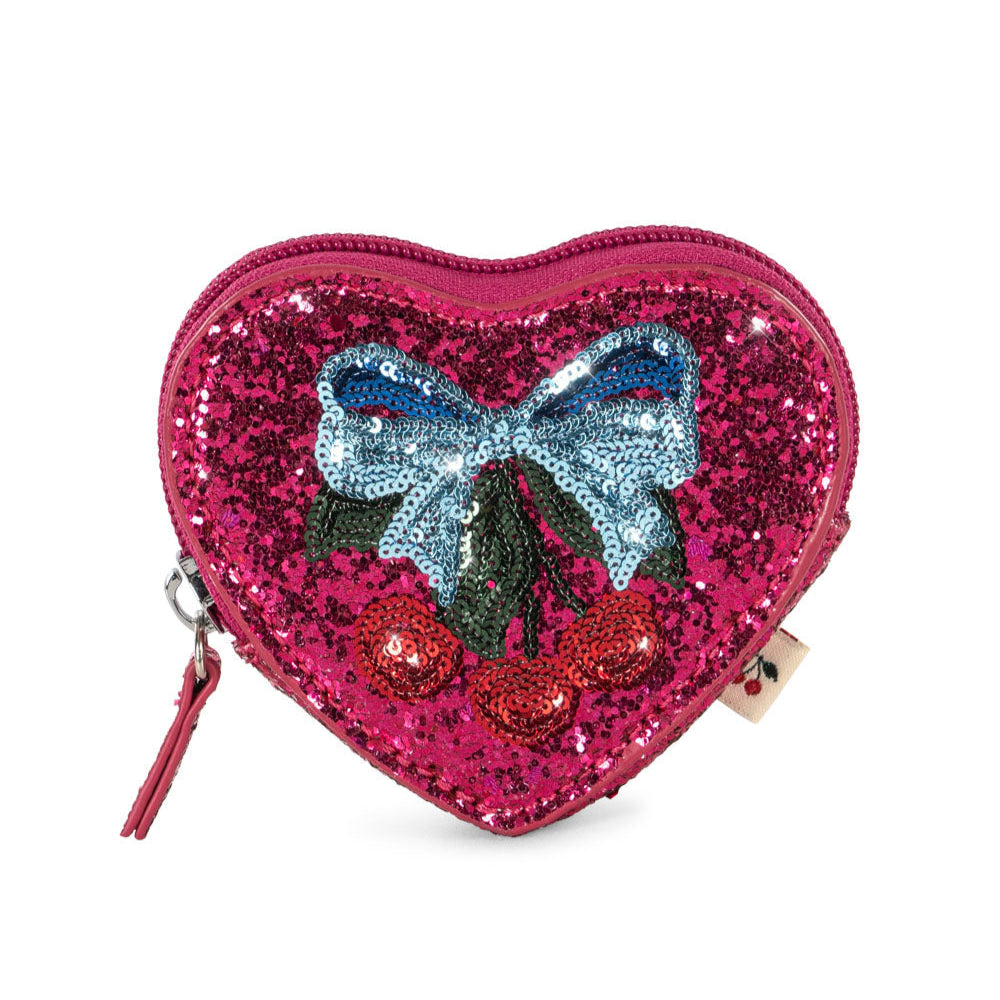 Heart-shaped glittery pouch with a bow and cherry design on a white background
