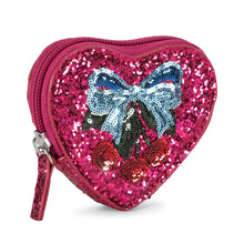 Load image into Gallery viewer, Heart-shaped glittery pouch with a bow design on a white background