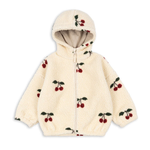 Cream-colored hoodie with cherry pattern on a white background