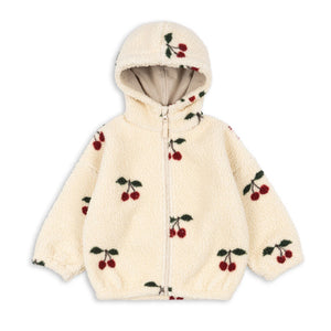 Cream-colored hoodie with cherry pattern on a white background
