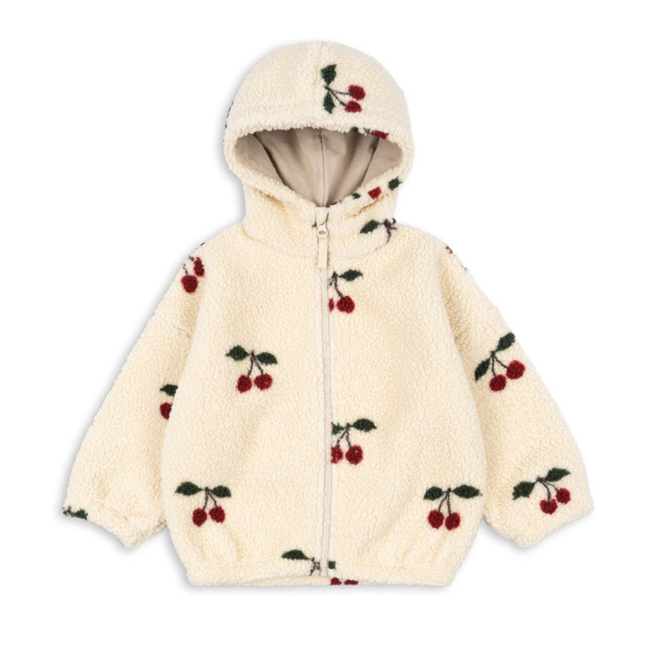 Cream-colored hoodie with cherry pattern on a white background