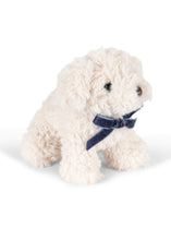 Load image into Gallery viewer, White stuffed dog toy with a blue bow tie on a white background