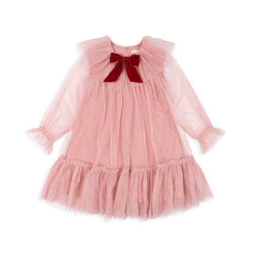 Pink dress with a red bow on a white background