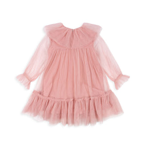 Pink tulle dress with long sleeves on a white background