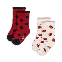 將圖片載入圖庫檢視器 Two pairs of socks with polka dot and ladybug patterns on a white background