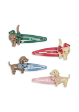 Load image into Gallery viewer, Set of four colorful hair clips shaped like dogs on a white background