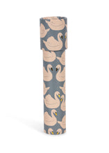 Load image into Gallery viewer, A rolled-up yoga mat featuring a repeating pattern of beige swans on a slate gray background, shown on a clean white studio background.