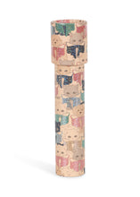 Load image into Gallery viewer, A cylindrical cosmetic tube with a lid, decorated with a repeating pattern of small illustrated cats in colorful sweaters on a light beige background.