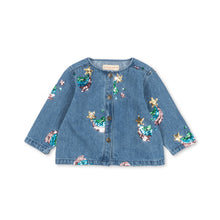 將圖片載入圖庫檢視器 A children's light blue denim cardigan jacket with colorful sequin and floral embroidery, shown flat on a white background.
