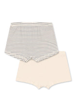 Load image into Gallery viewer, Two pairs of children's shorts laid flat on a white background. The top pair is cream with thin dark gray horizontal stripes, and the bottom pair is solid cream.
