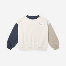 Load image into Gallery viewer, Color-blocked sweatshirt with &#39;PLAY&#39; text on a white background