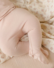 Load image into Gallery viewer, Quincy Mae melon micro stripe wrap top paired with footed pants, cozy and stylish baby clothing set in a lifestyle scene.