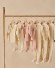 Load image into Gallery viewer, Quincy Mae melon micro stripe wrap top paired with footed pants set, soft and cozy casual wear for kids.