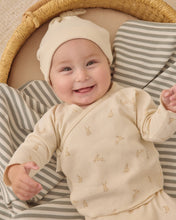 Load image into Gallery viewer, Quincy Mae bunny print wrap top paired with footed pants, soft and comfortable baby clothing set, natural cotton fabric.