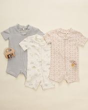 Load image into Gallery viewer, Quincy Mae Zip Short Sleeve Dinosaur Sleepsuit for babies, featuring a colorful dinosaur print and comfortable fabric.