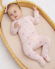 Load image into Gallery viewer, Quincy Mae bamboo zip footie sleepsuit with swan print, soft and cozy for babies, featuring a front zipper for easy dressing.