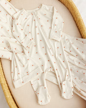 Load image into Gallery viewer, Quincy Mae bamboo zip footie sleepsuit in Valentine's Day design, soft and cozy for babies, with front zipper for easy dressing.