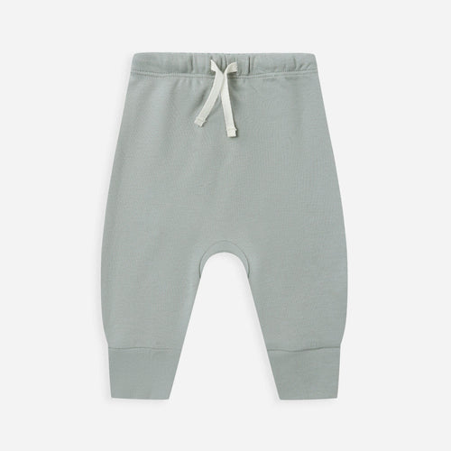 Gray baby pants with a drawstring on a white background
