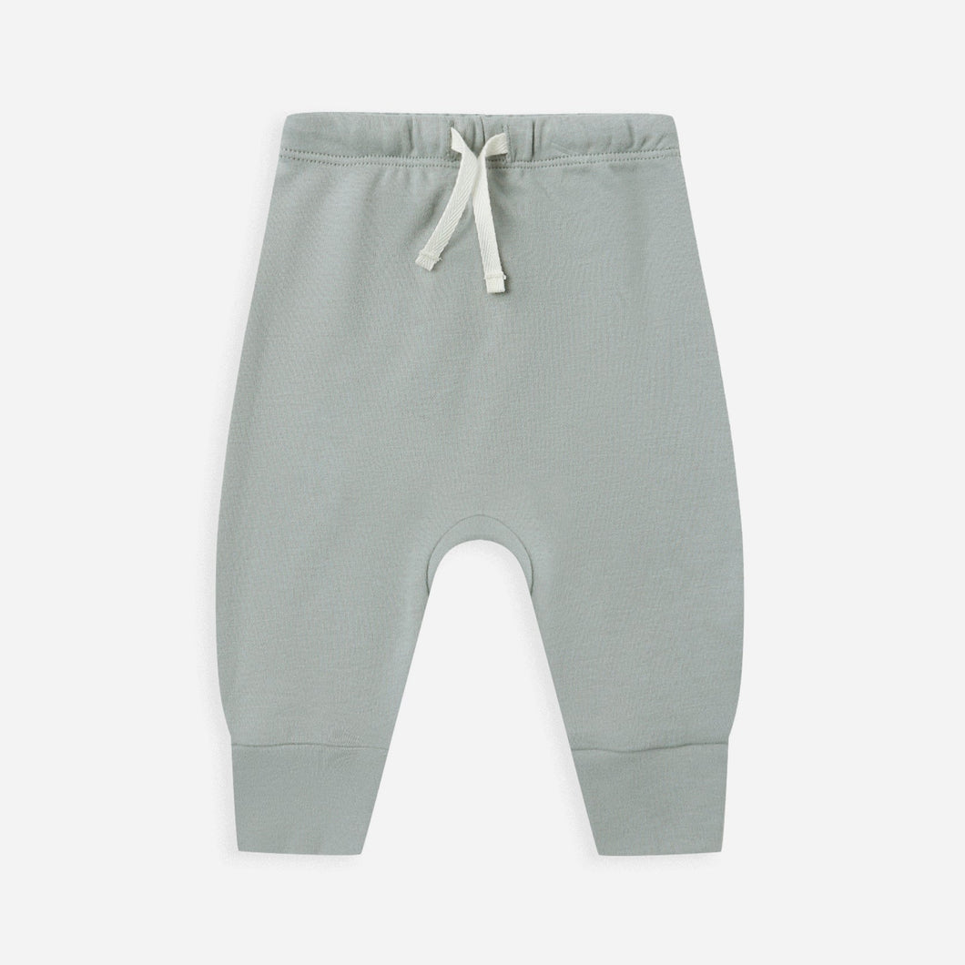 Gray baby pants with a drawstring on a white background