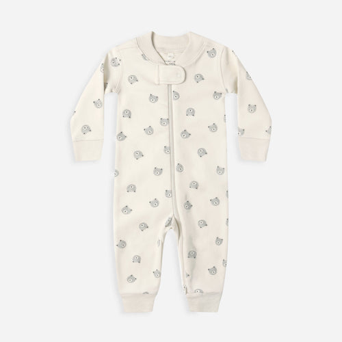 Baby onesie with gray floral pattern on a white background