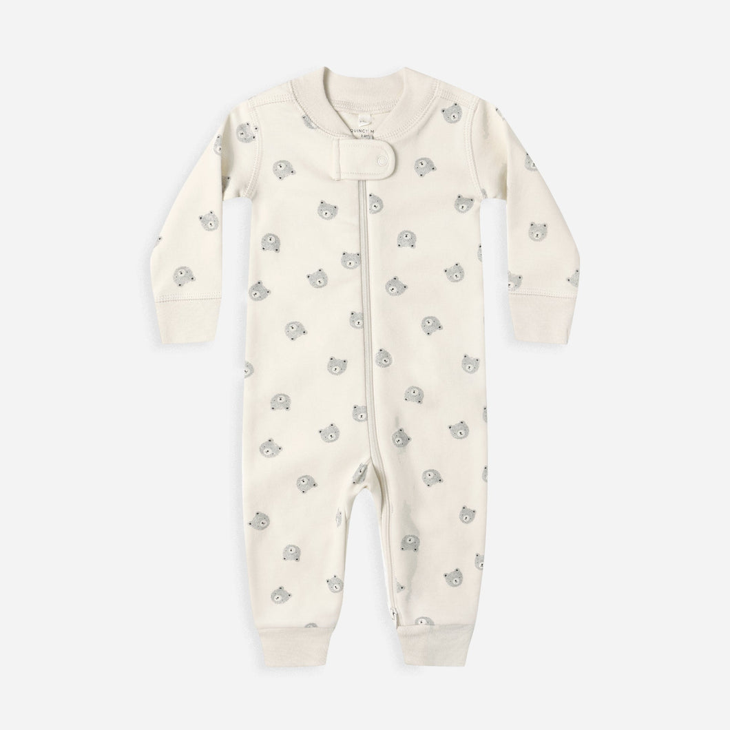 Baby onesie with gray floral pattern on a white background