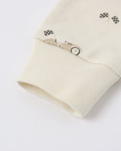 Load image into Gallery viewer, Quincy Mae zip long-sleeve sleeper sleepsuit featuring race car design in natural color with detailed race car print.
