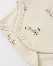 Load image into Gallery viewer, Quincy Mae short sleeve bodysuit pack with race car and oat micro stripe pattern for infants, featuring comfortable fabric and playful design.