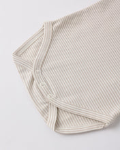 Load image into Gallery viewer, Quincy Mae short sleeve body suit pack in race car oat micro stripe with a close-up of fabric details.