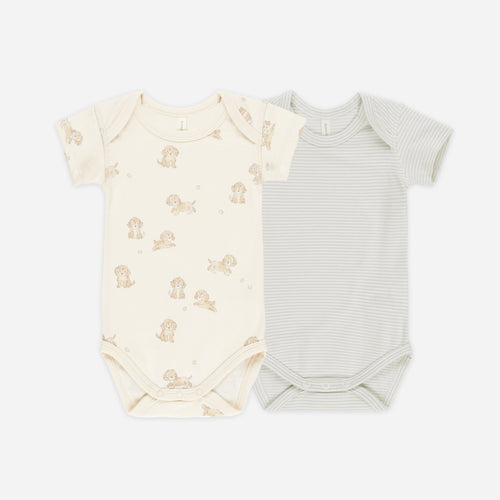 Short Sleeve Bodysuit, 2 Pack || Puppies, Sky Micro Stripe