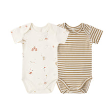 將圖片載入圖庫檢視器 Quincy Mae short sleeve bodysuit pack in honey stripe, featuring soft cotton fabric and comfortable fit for babies.