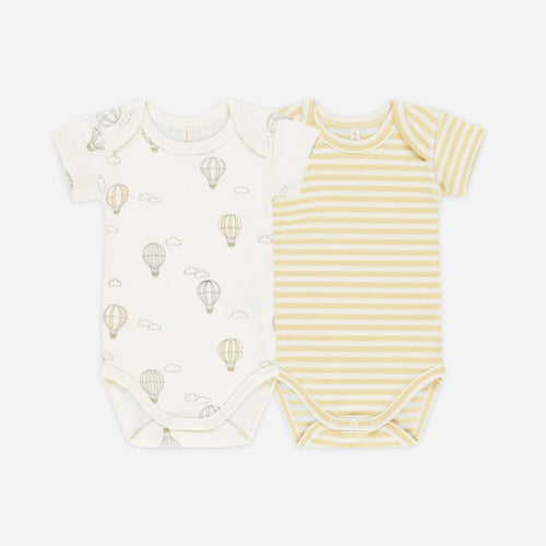 Short Sleeve Bodysuit, 2 Pack || Hot Air Balloons, Yellow Stripe