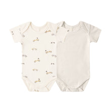 Load image into Gallery viewer, Quincy Mae short sleeve bodysuit pack with race car and oat micro stripe pattern for baby, soft and comfortable for everyday wear.