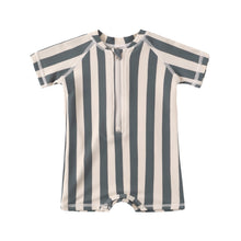 將圖片載入圖庫檢視器 Baby girl in Quincy Mae Zip Rashguard One-Piece Retro Ocean Stripe swimwear, featuring colorful ocean-inspired stripes.