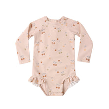 Load image into Gallery viewer, Pink baby onesie with floral pattern on a white background