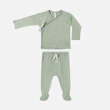 Load image into Gallery viewer, Green baby outfit with long-sleeve top and footed pants on a white background
