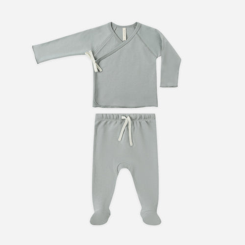 Gray baby outfit with long-sleeve top and pants on a white background
