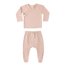 Load image into Gallery viewer, Quincy Mae melon micro stripe wrap top paired with matching footed pants for a comfortable, stylish baby or toddler outfit.
