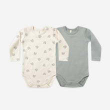 Load image into Gallery viewer, Two baby bodysuits, one cream with a pattern and one gray, on a white background.